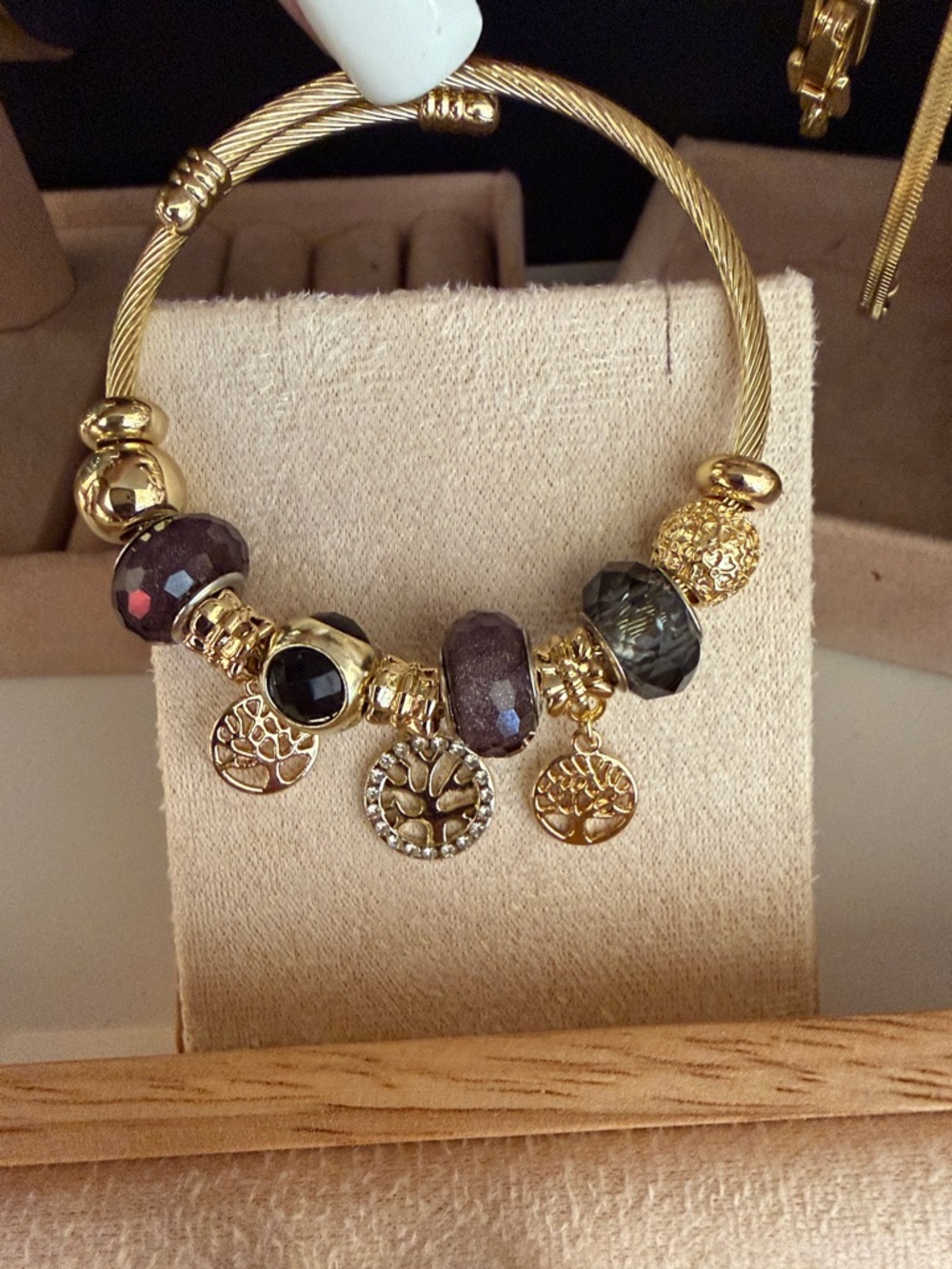 Gold Charm Beaded Bangle Bracelet with Purple and Black Accents